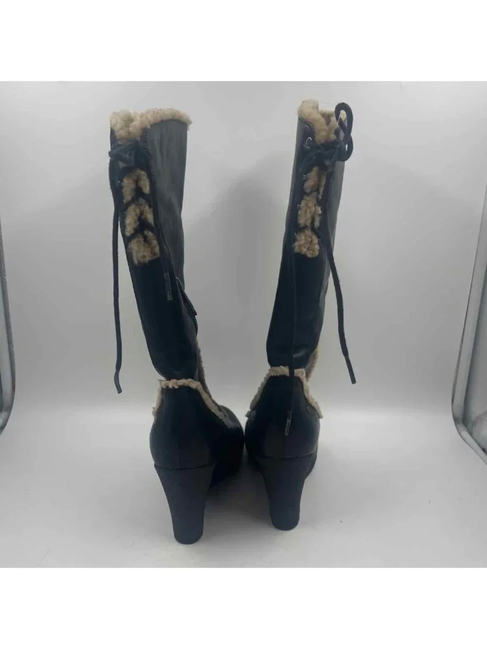 Ugg Emilie Sherpa Leather Women's Tall Size 7 Black Wedge Solid Boots